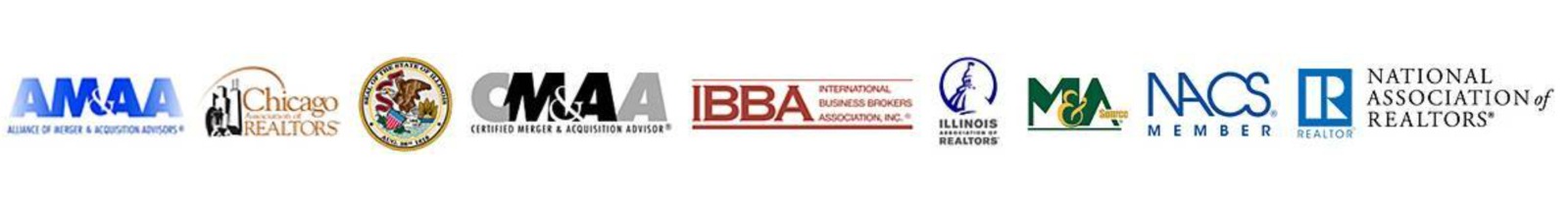 Professional affiliations including AM&AA, Chicago Realtors, CM&AA, IBBA, Illinois Association of Realtors, M&A, NACS Member, and National Association of Realtors